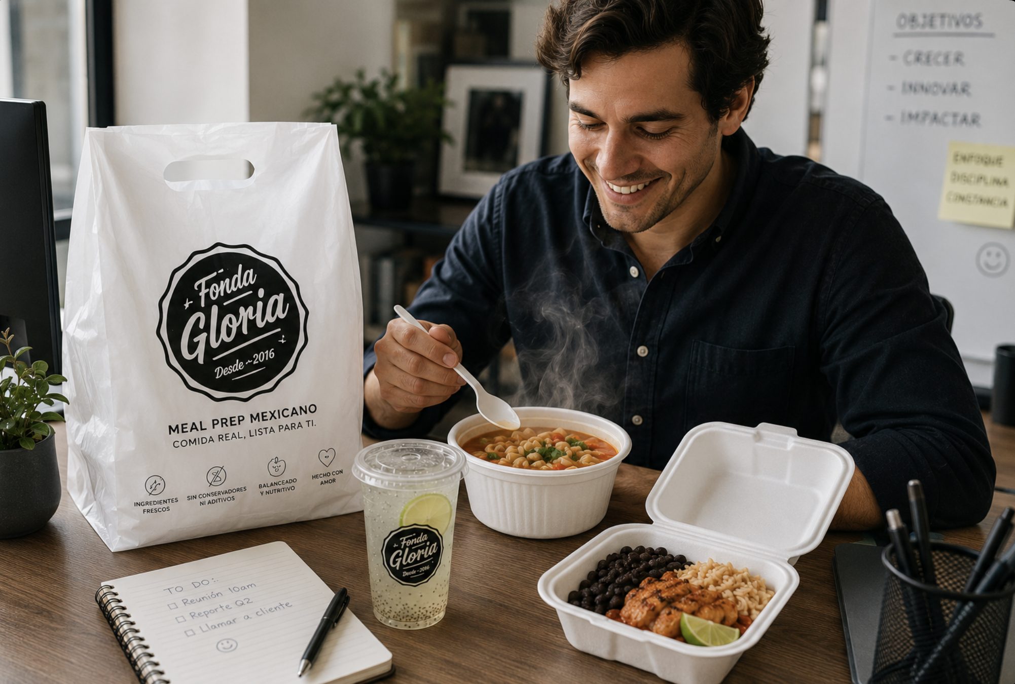 Persona comiendo meal prep de Fonda Gloria en su escritorio de oficina