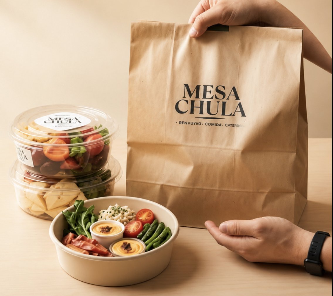 Bolsa y containers de Mesa Chula con ensalada y botanas